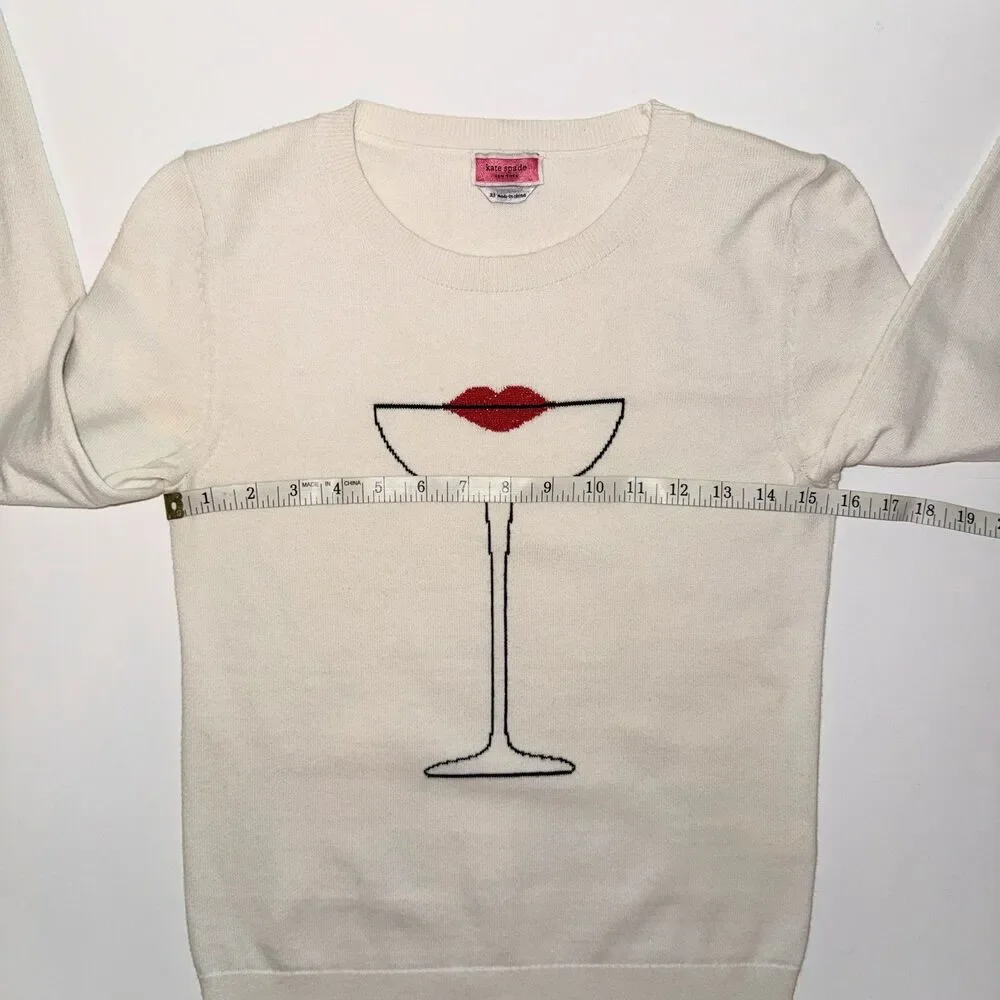 Kate Spade Cocktail Kiss Sweater Cream Cotton Silk Knit Crewneck Pullover XS